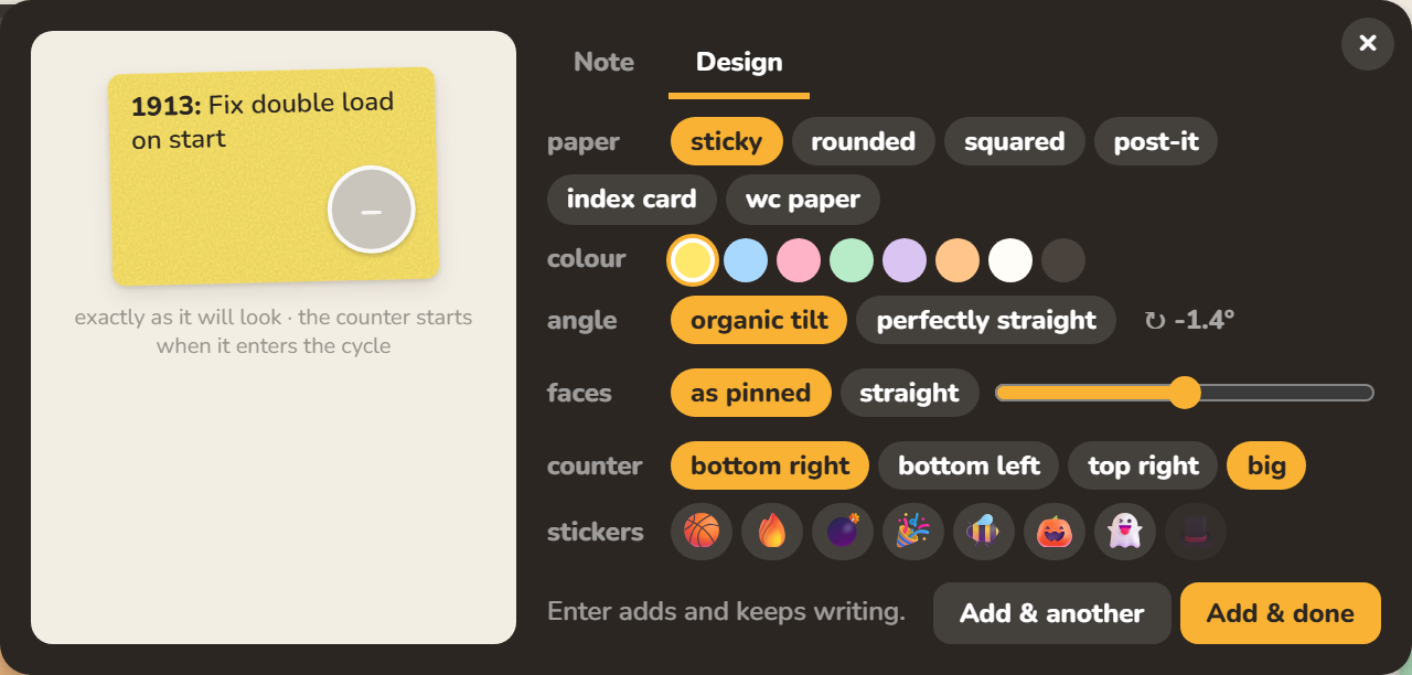 The new card window on its Design tab: a preview of the card beside the choices for paper, colour, angle, faces, counter and stickers.
