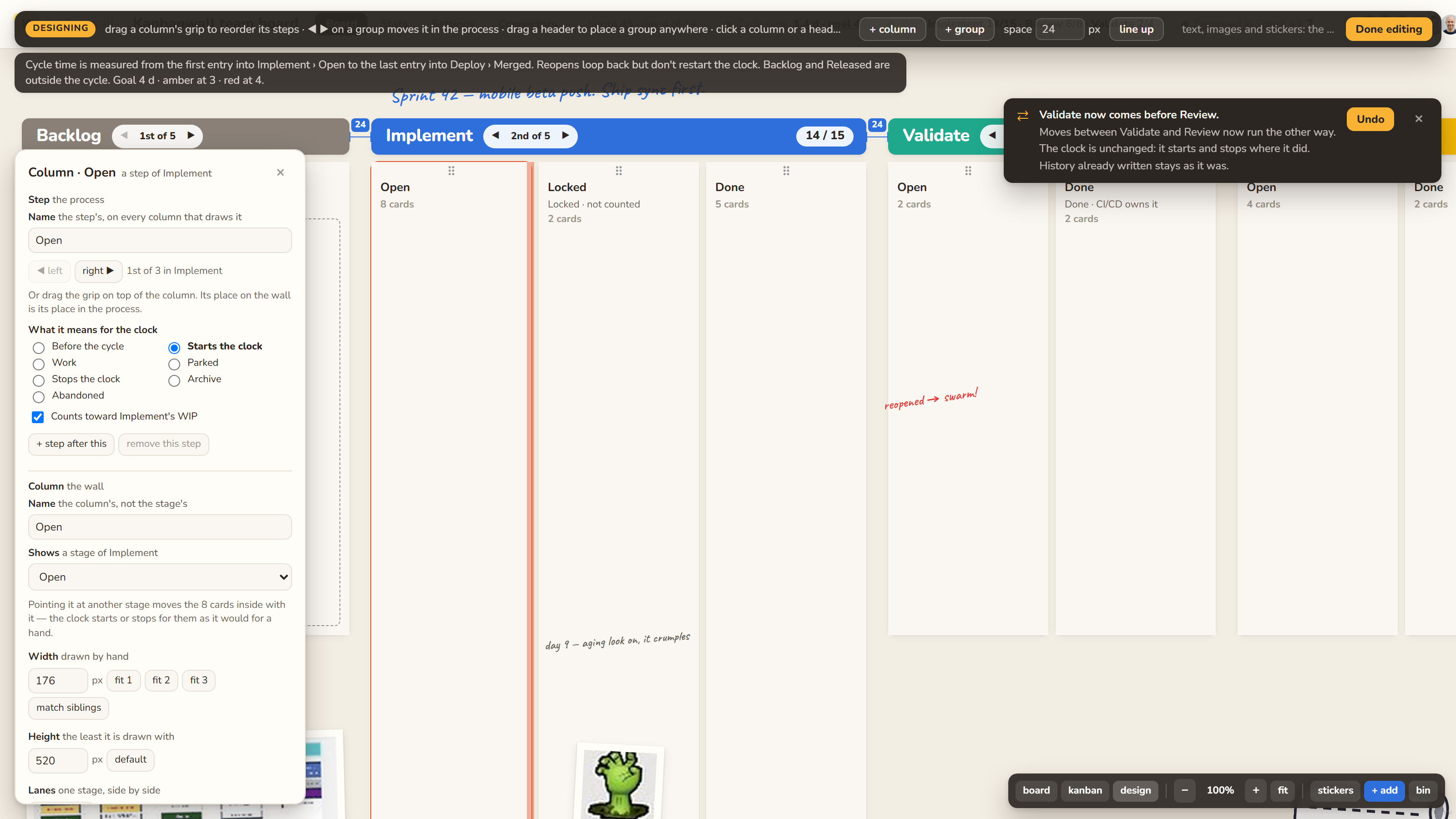 The wall in design mode: a dark bar with the cycle-time sentence, the phases with their columns, a column's panel open on its step and what it means for the clock, and a strip saying Validate now comes before Review, with Undo.